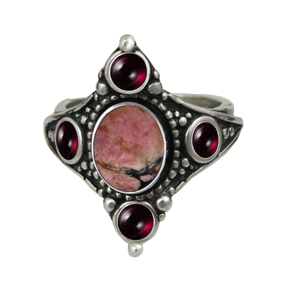 Sterling Silver Renaissance Queen's Ring With Rhodonite And Garnet Size 10